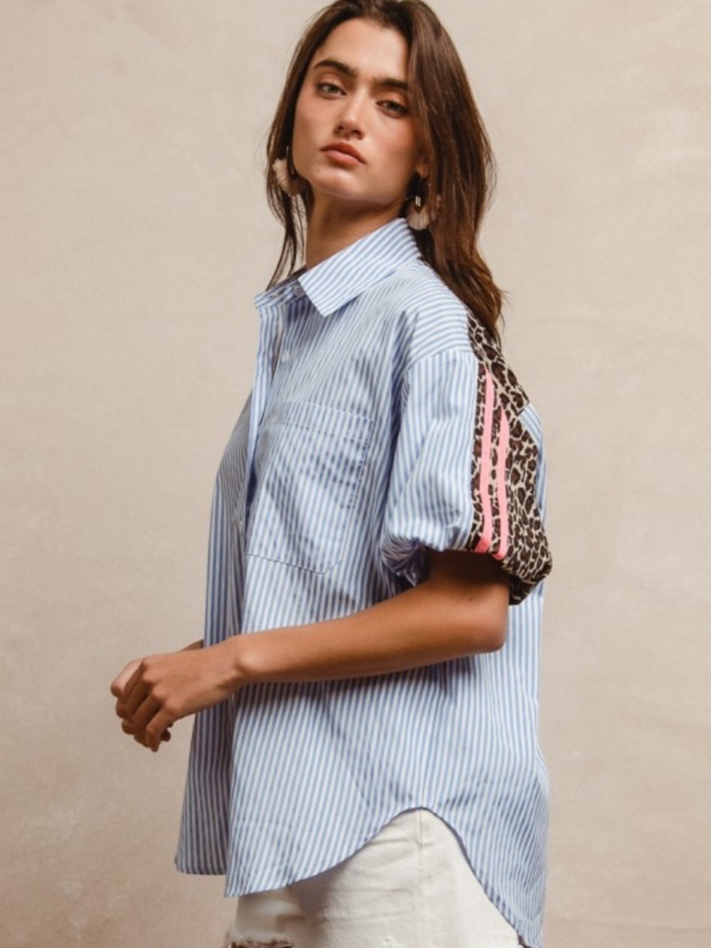 NWT Chambray Stripe Leopard Button Down Top - Picture 6 of 6